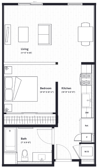 a floor plan of a small house with a bathroom and a kitchen